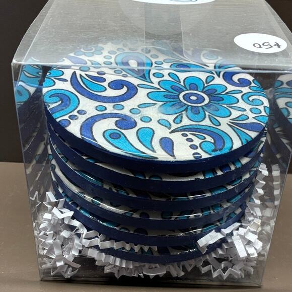 Kee Concept and Design Coasters New Set of 6 Round Blue Paisley Floral Motif - Picture 2 of 3